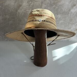 Freya Wide Brim Sun Hat Women's S/M 100% Straw Tan Woven Striped W Leather Band